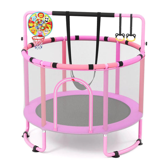 60-Inch kids trampoline with adjustable gymnastics bar, pink frame, and ring attachments by DirectDeals on Tampa Home & Garden Store