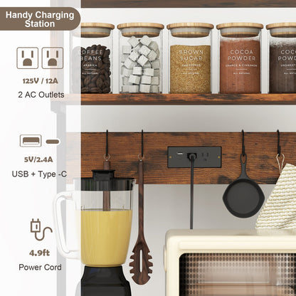 60 Inch Tall Microwave Stand with Open Shelves and 10 Hanging Hooks-Rustic Brown