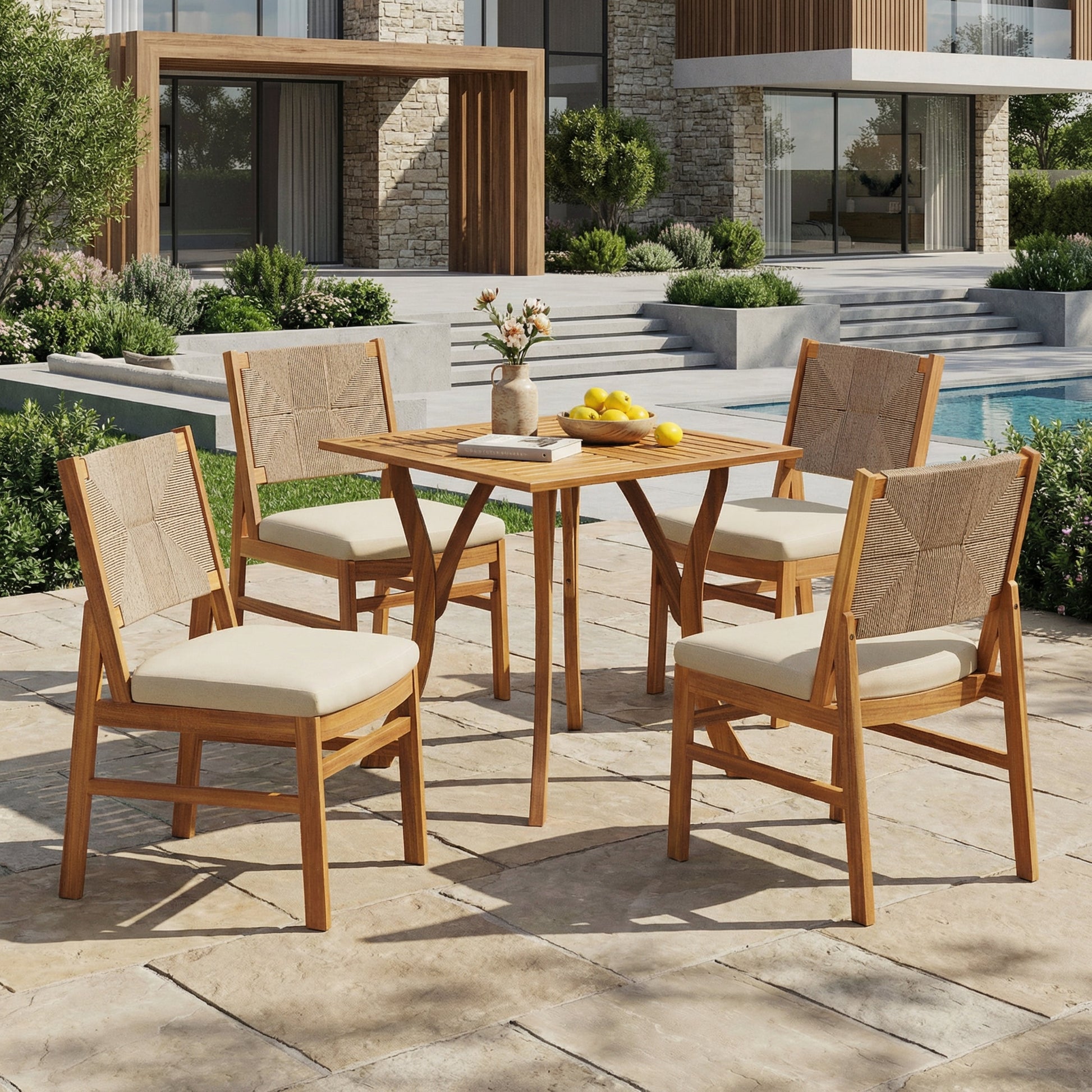 5-Piece Acacia Wood Outdoor Patio Dining Set by HouseOfZazla with beige cushions on Tampa Home & Garden Store