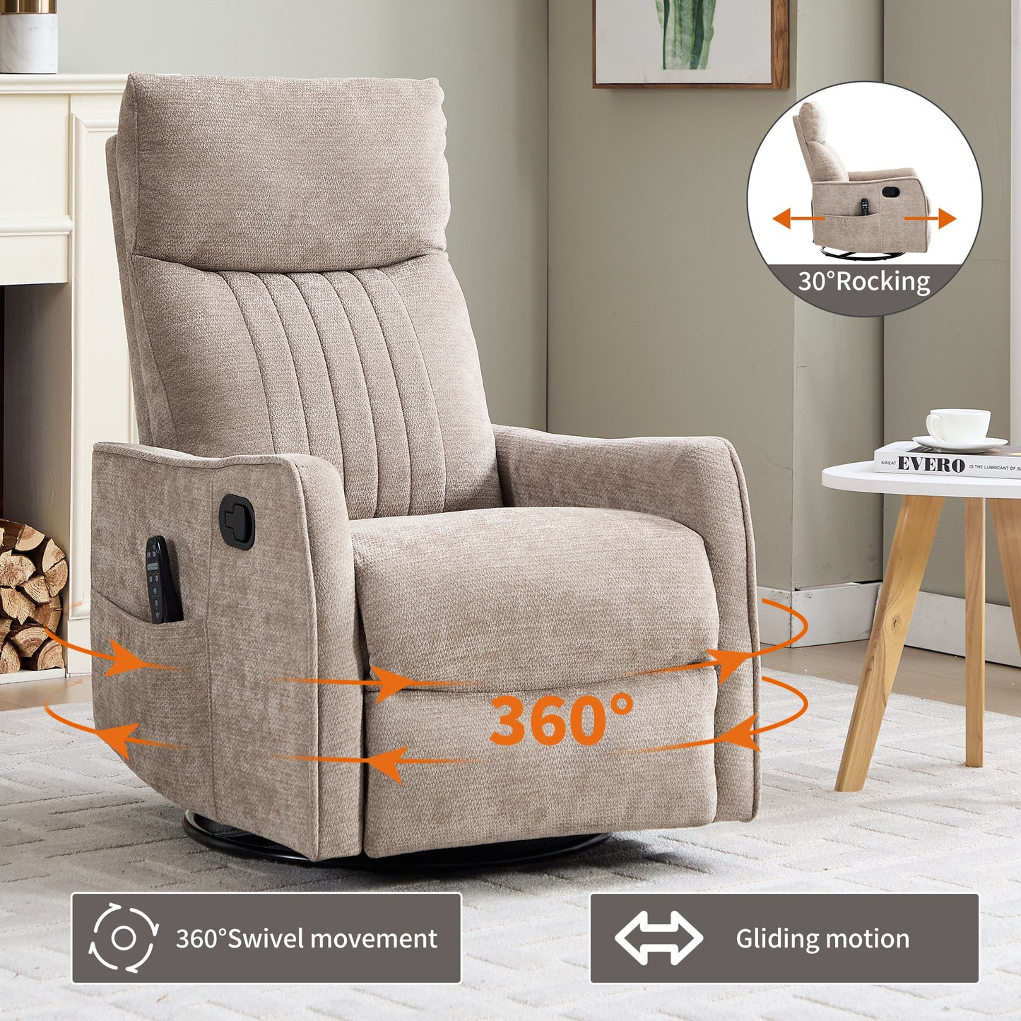 Khaki Heat Massage Recliner Chair and Swivel