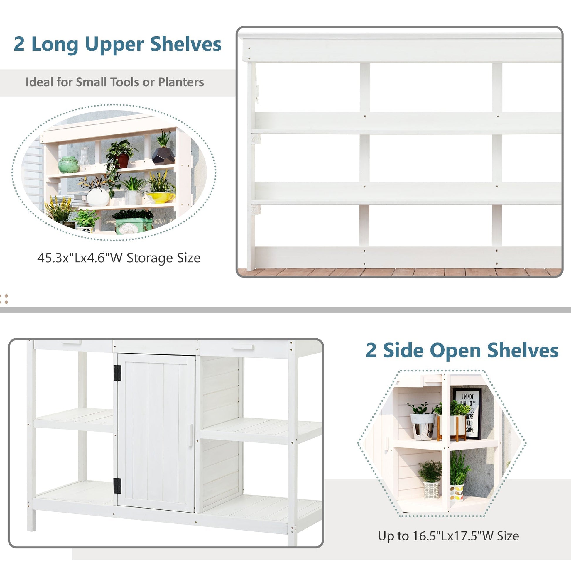 Topmax 66in outdoor farmhouse potting bench by HouseOfZazla, white with shelves on Tampa Home & Garden Store