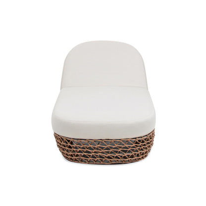 Sunbrella chaise lounge with adjustable backrest, dark brown wicker base, beige cushion on Tampa Home & Garden Store