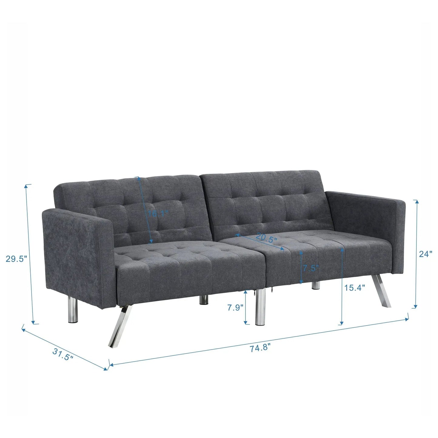 Futon sofa bed Unique Piece Furniture gray tufted fabric with armrests and metal legs on Tampa Home & Garden Store