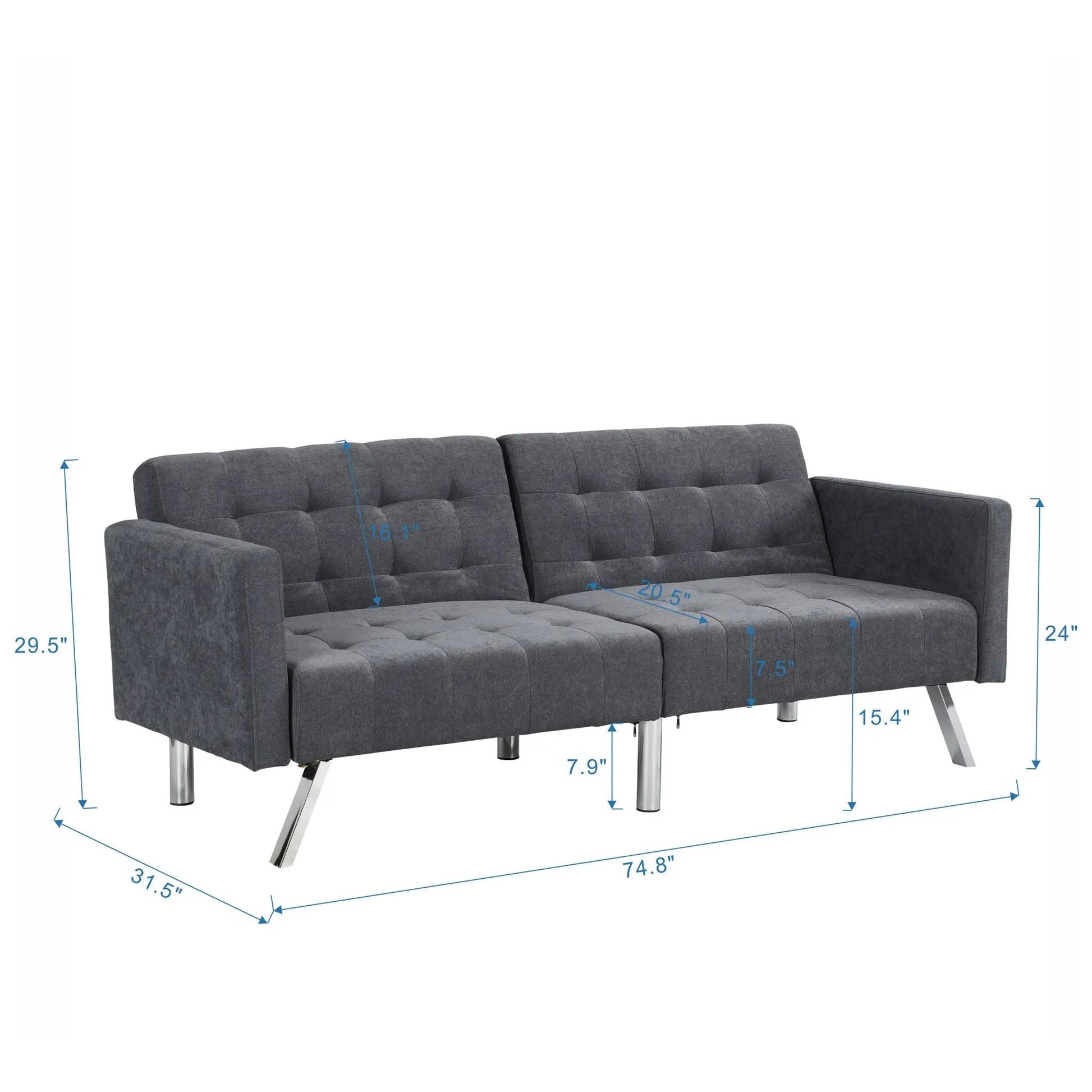 Futon sofa bed Unique Piece Furniture gray tufted fabric with armrests and metal legs on Tampa Home & Garden Store