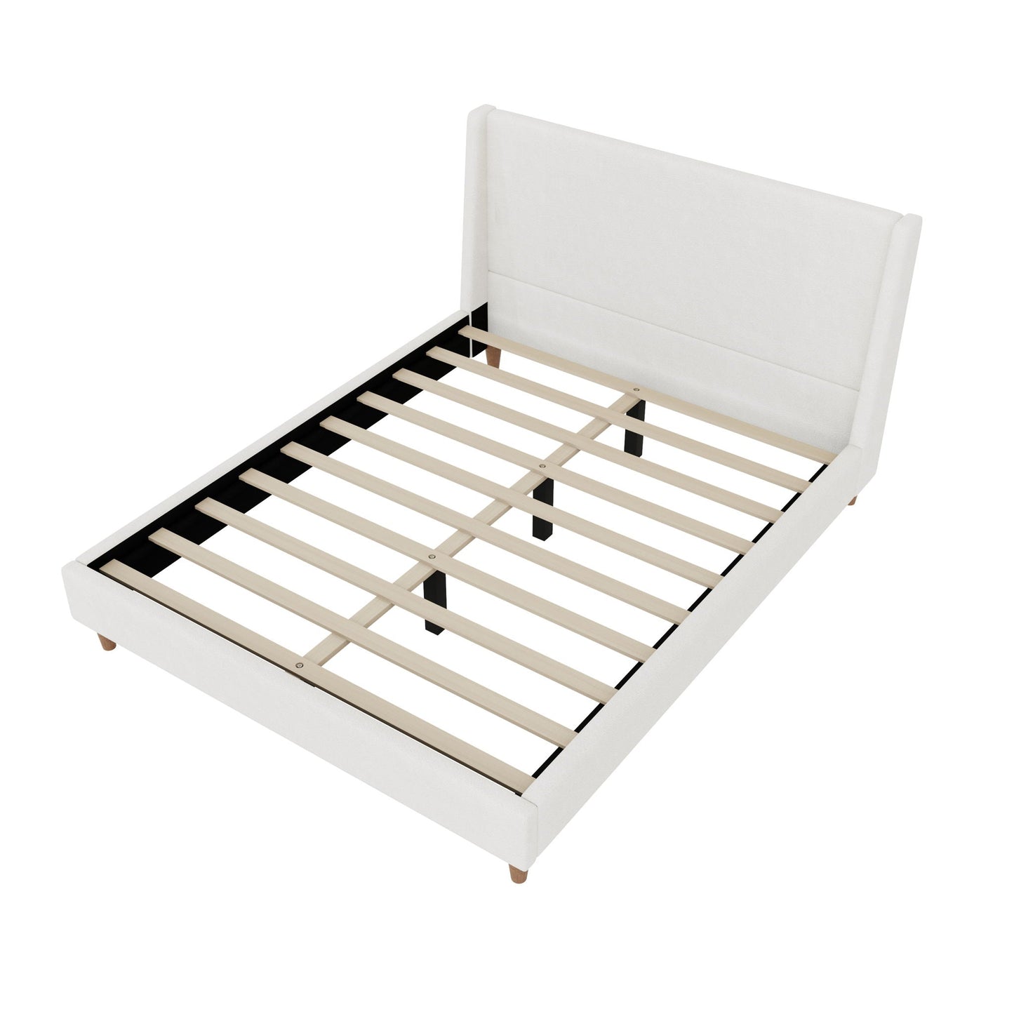 Upholstered platform bed with wingback headboard in white fabric and wooden slats on Tampa Home & Garden Store