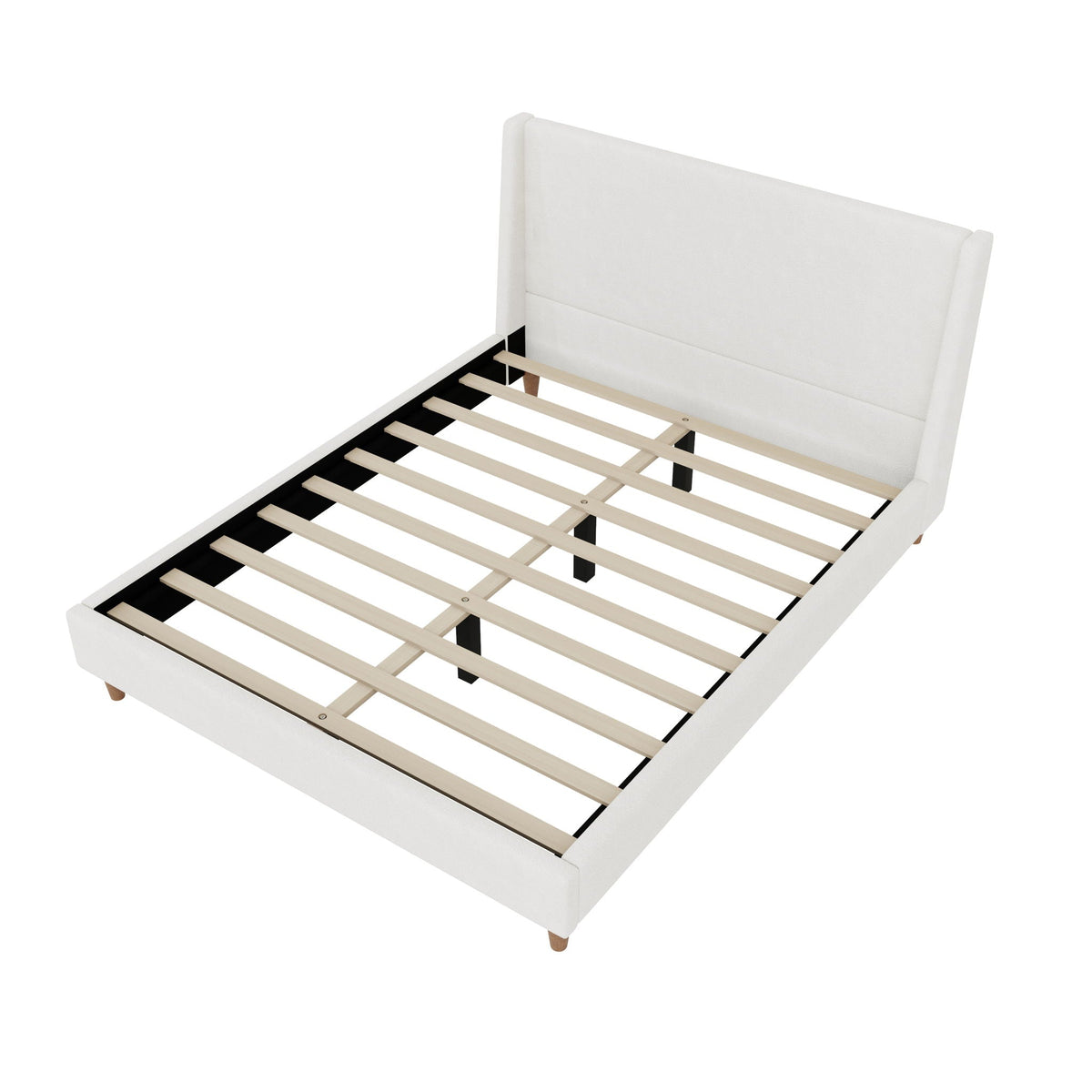 Upholstered platform bed with wingback headboard in white fabric and wooden slats on Tampa Home & Garden Store