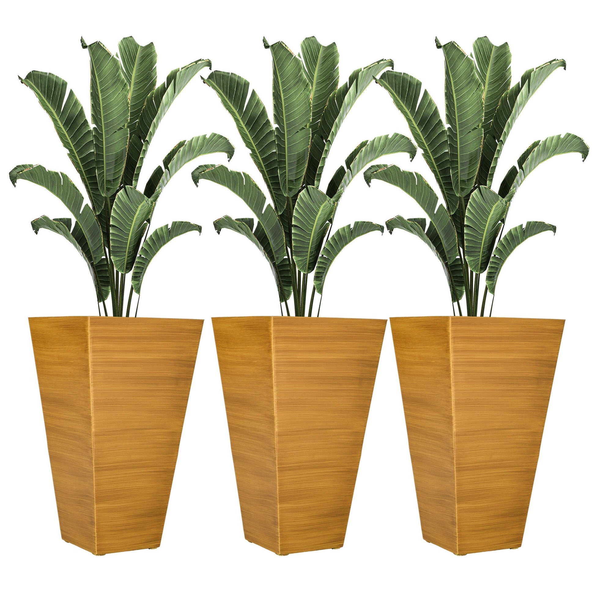 Set of 3 large tapered faux-wood plastic planters with banana plant foliage on Tampa Home & Garden Store