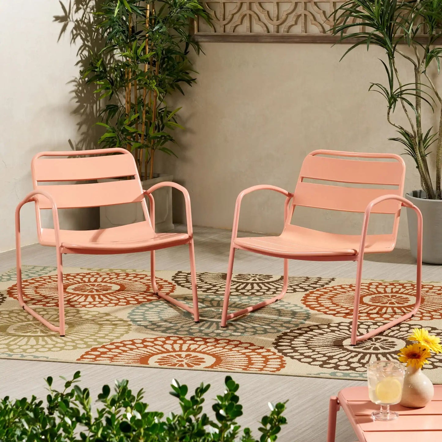 Conrad outdoor arm chairs in pink powder-coated metal set of 2 by HouseOfZazla on Tampa Home & Garden Store
