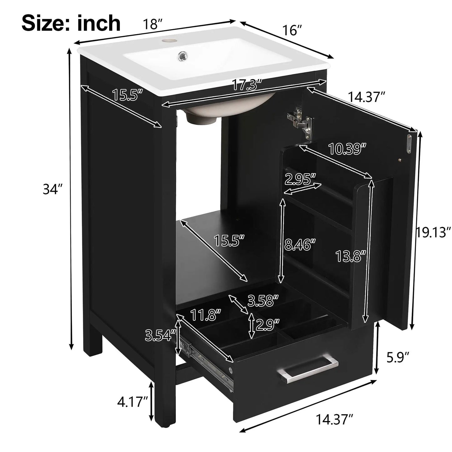 Bathroom Vanity Ceramic Sink and Divider Drawer