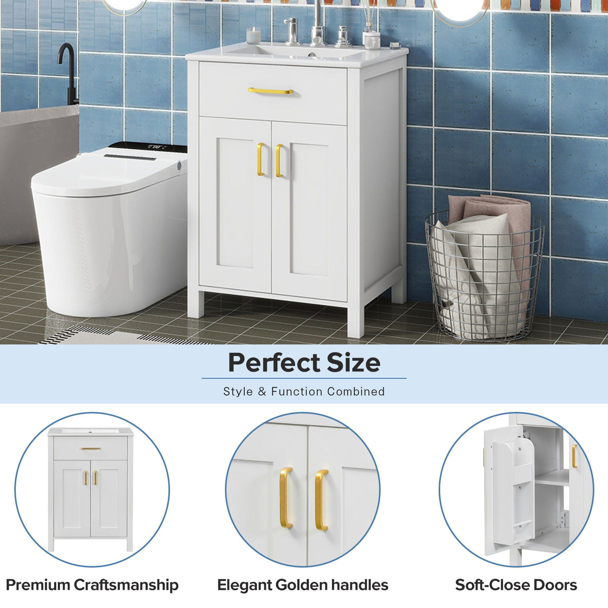 Modern Bathroom Vanity with Soft-Close Cabinet by HouseOfZazla, white finish, gold handles on Tampa Home & Garden Store
