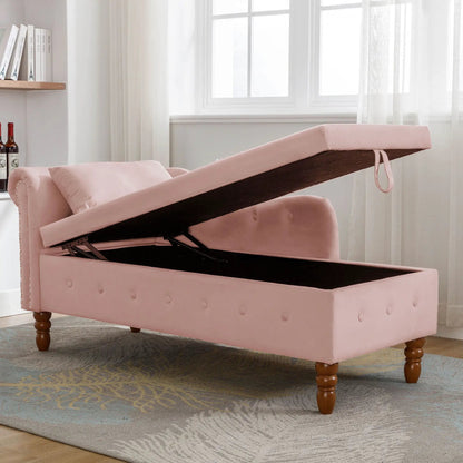 Chaise lounge in pink upholstery with nailhead trim and plush pillow for bedroom on Tampa Home & Garden Store