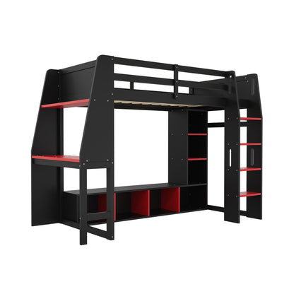 Gaming Loft Bed With Desk black metal frame with red storage shelves on Tampa Home & Garden Store