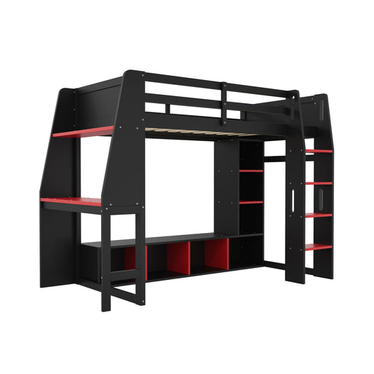 Gaming Loft Bed With Desk black metal frame with red storage shelves on Tampa Home & Garden Store