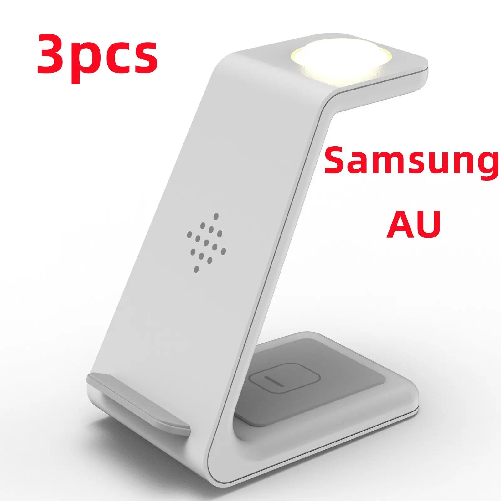 White 3-in-1 wireless charging stand with circular top pad, Samsung AU graphic on Tampa Home & Garden Store