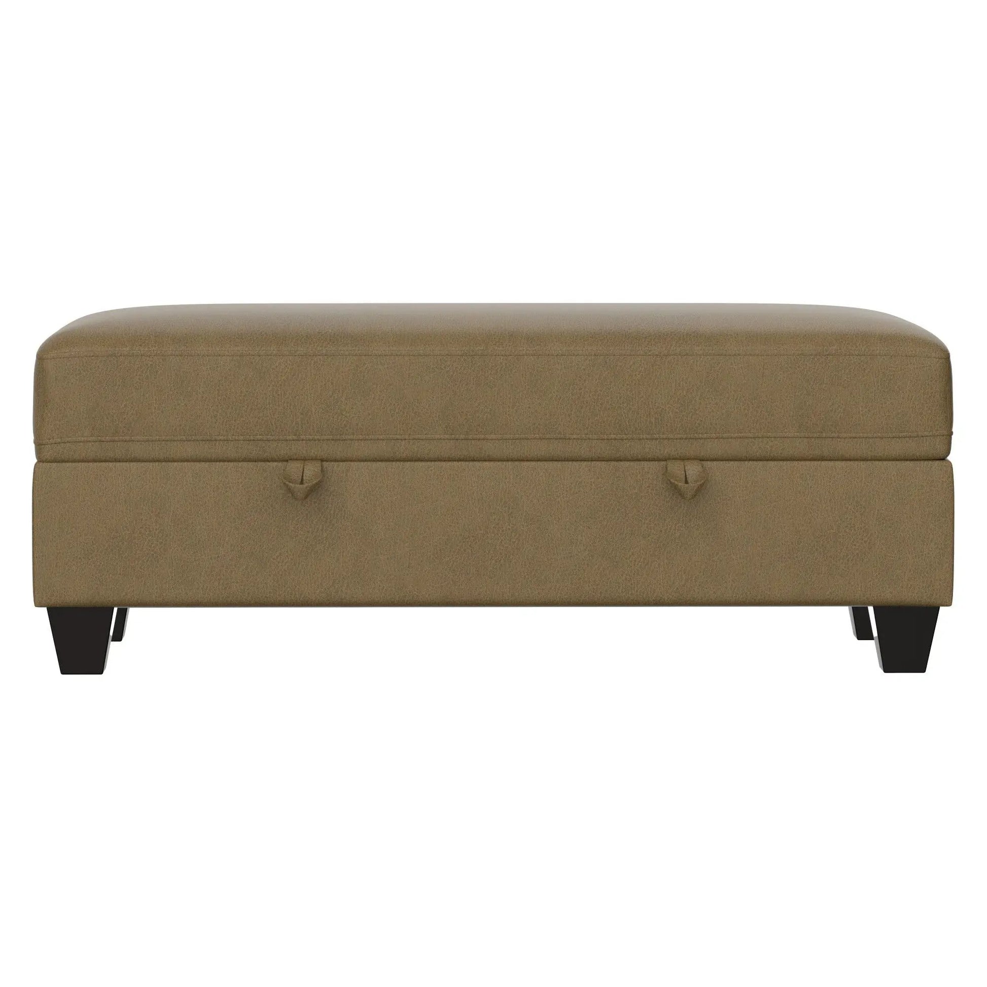 Drason storage ottoman in warm brown fabric with stitched edges and black legs on Tampa Home & Garden Store