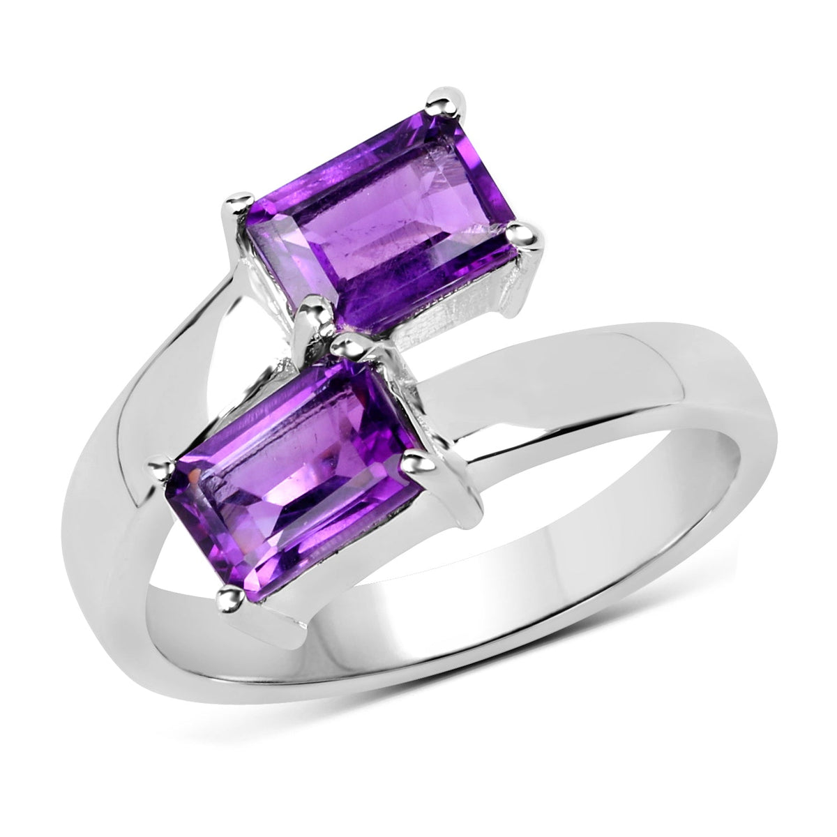 Sterling silver ring with two emerald-cut amethyst stones, purple gemstone jewelry on Tampa Home & Garden Store