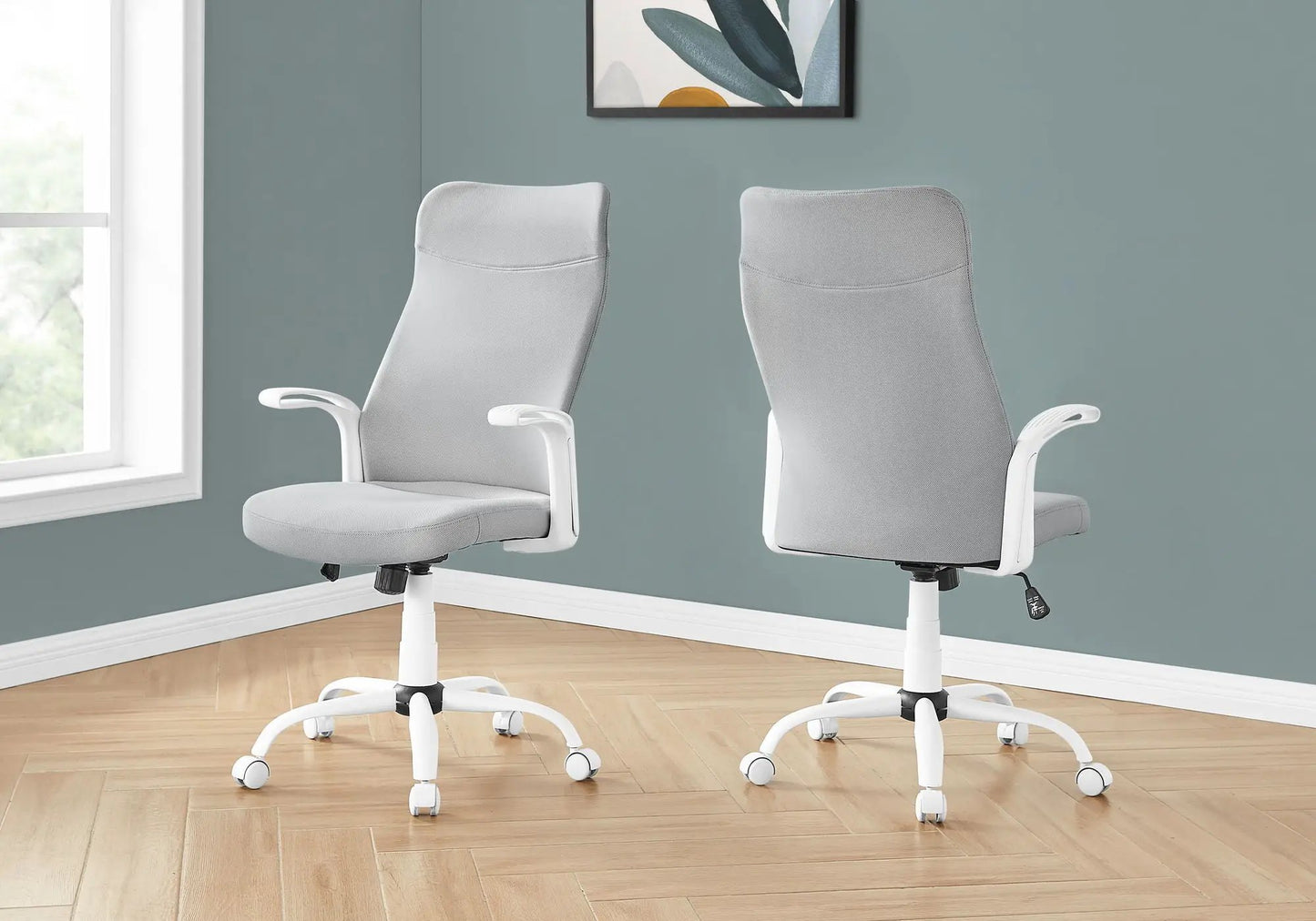 Two light gray mesh swivel office chairs with white frames and armrests, adjustable height on Tampa Home & Garden Store