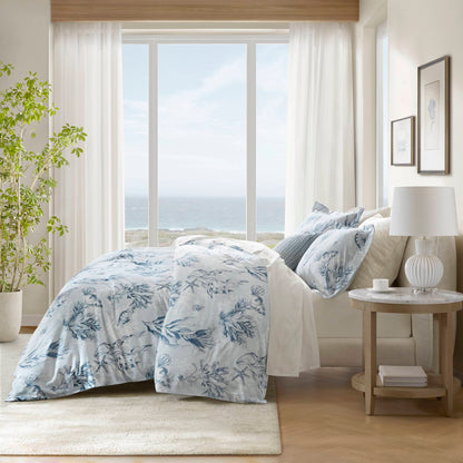 King 100% cotton sateen duvet cover set navy/blue with blue botanical print on white on Tampa Home & Garden Store