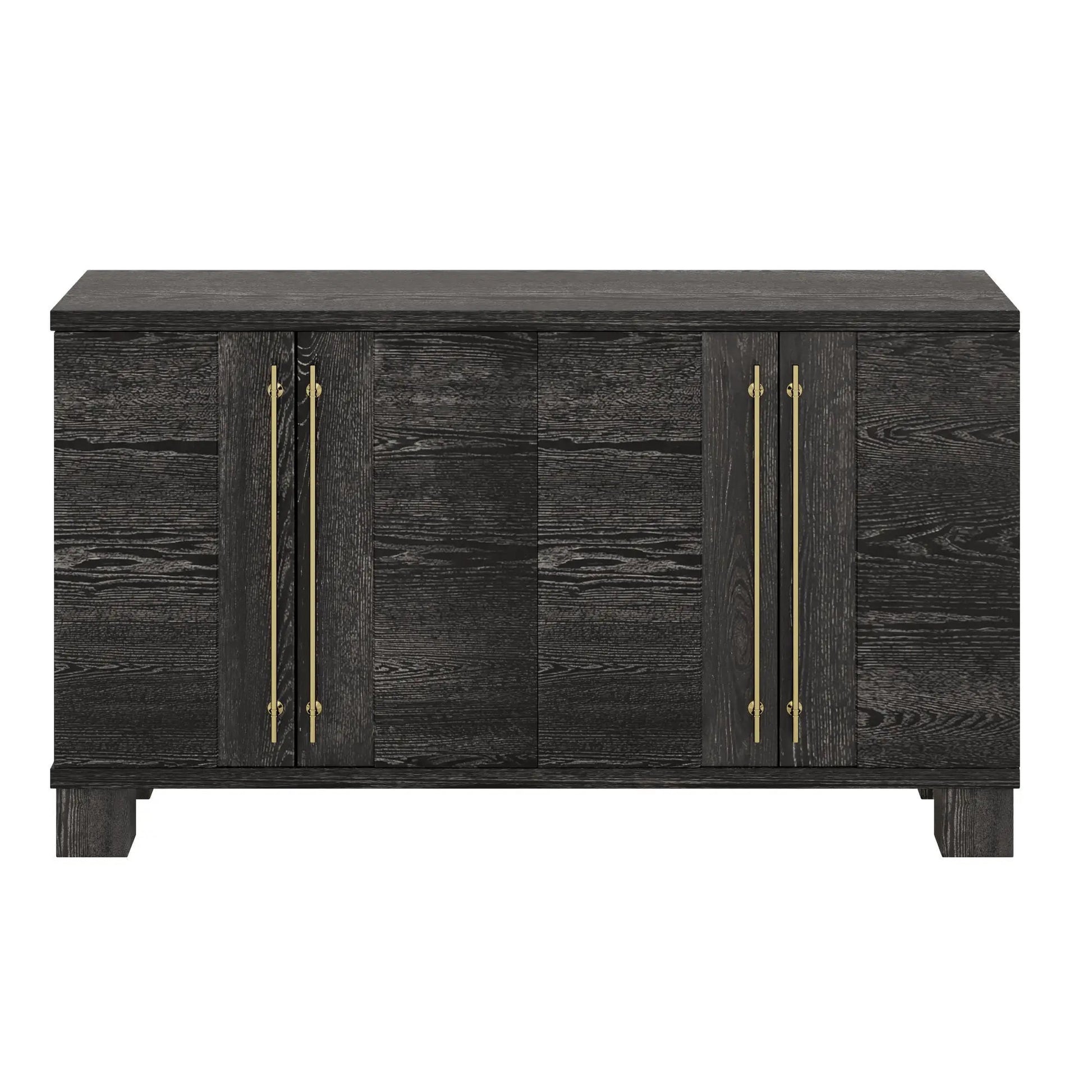 Sideboard with adjustable shelves in dark wood finish with brass vertical handles on Tampa Home & Garden Store
