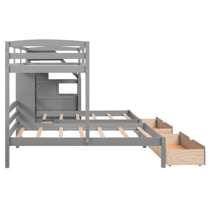 Twin over twin bunk bed in gray with staircase storage, built-in shelves and under-bed drawers by HouseOfZazla on Tampa Home & Garden Store