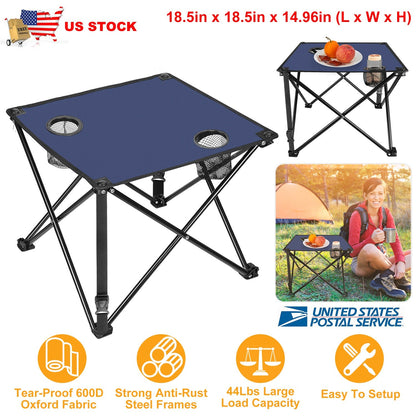 GemGear blue foldable camping table with 2 cup holders, travel-ready on Tampa Home & Garden Store