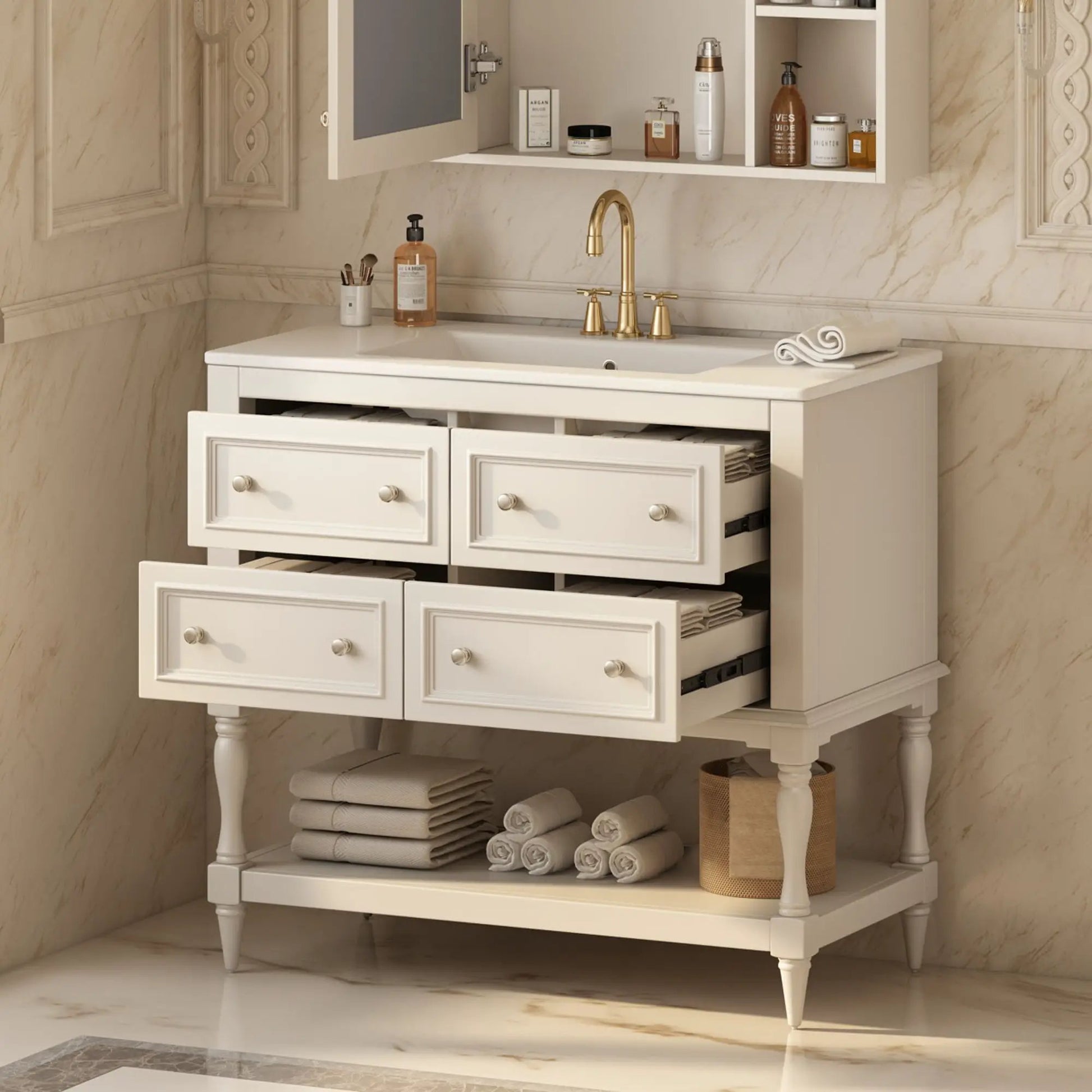 Bathroom vanity undermount sink white finish 4-draw set brass faucet Unique Piece Furniture on Tampa Home & Garden Store