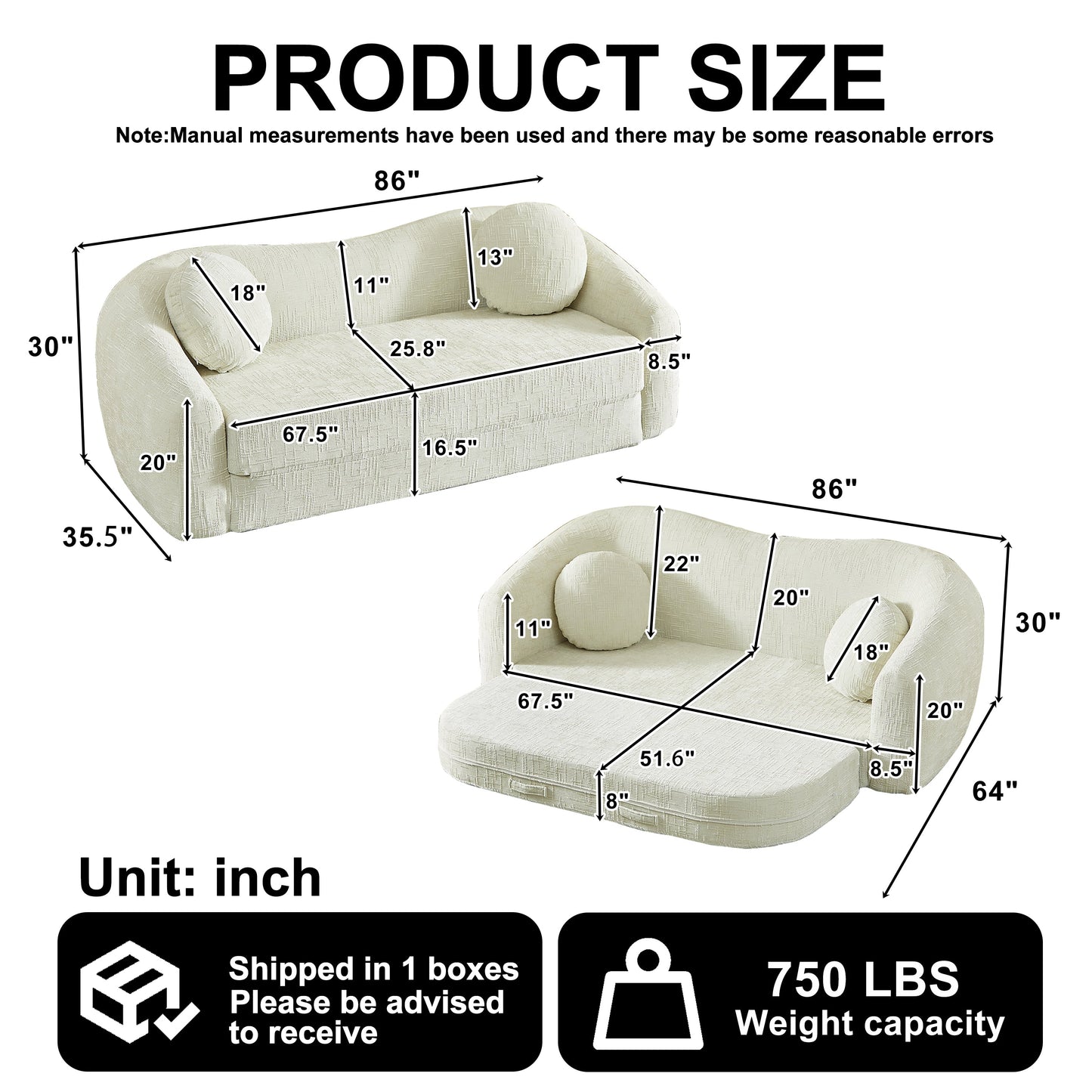 86 Inch Curved Chenille Sofa Bed and Recliner