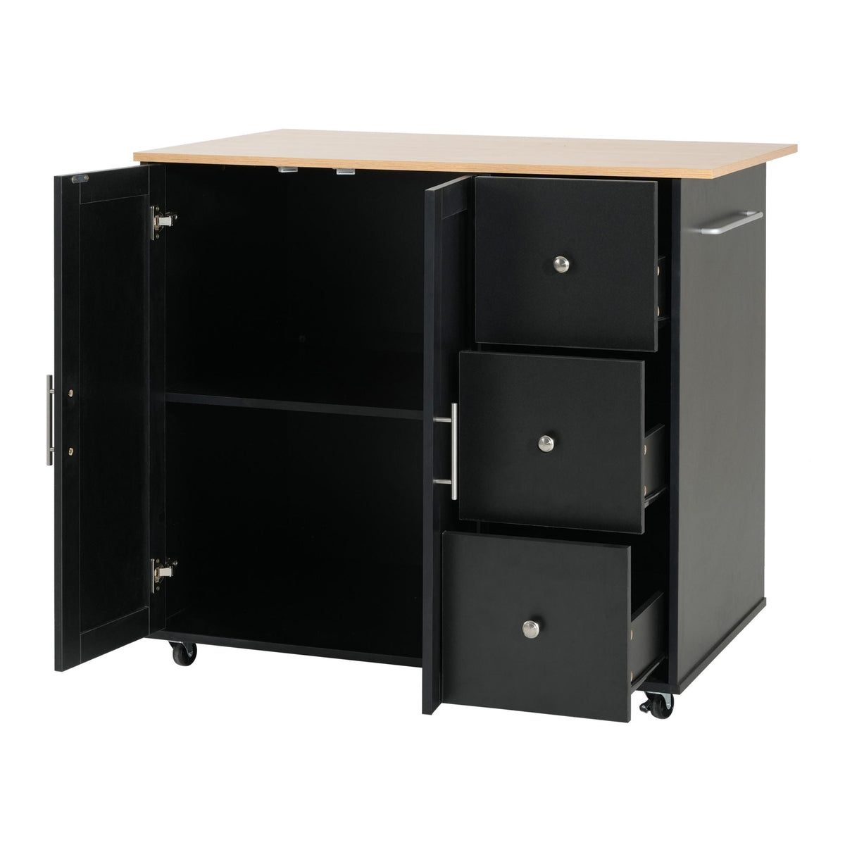 Mobile Kitchen Cart by HouseOfZazla black body with natural wood top 2 doors and 3 drawers on Tampa Home & Garden Store