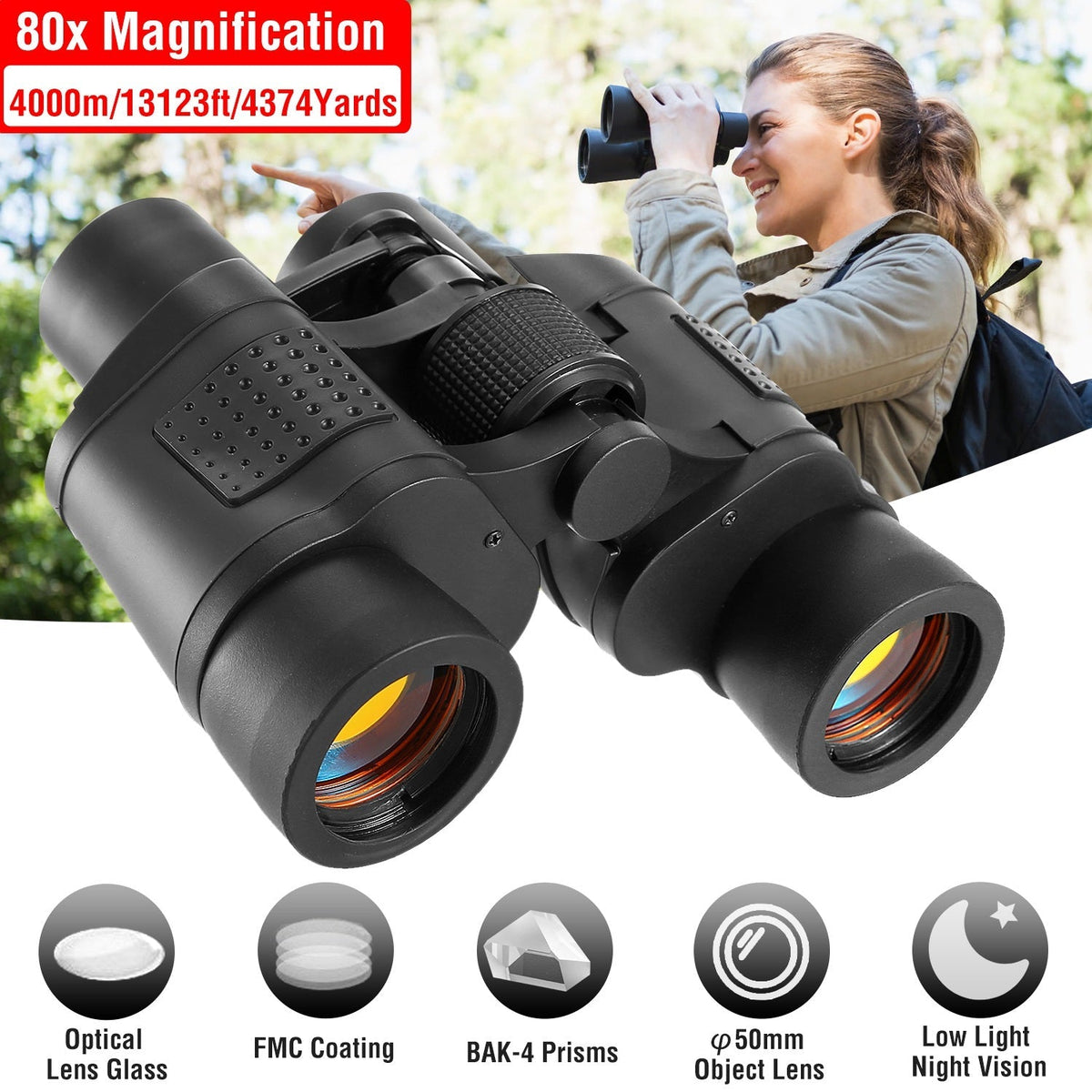 GemGear portable HD binoculars 80x magnification, FMC coating, 50mm lenses, low light vision on Tampa Home & Garden Store