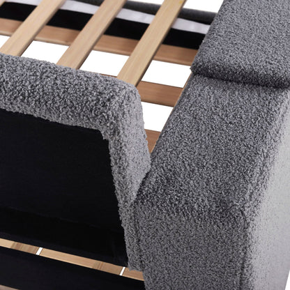 Upholstered daybed with gray boucle cushions and wooden slat frame on Tampa Home & Garden Store
