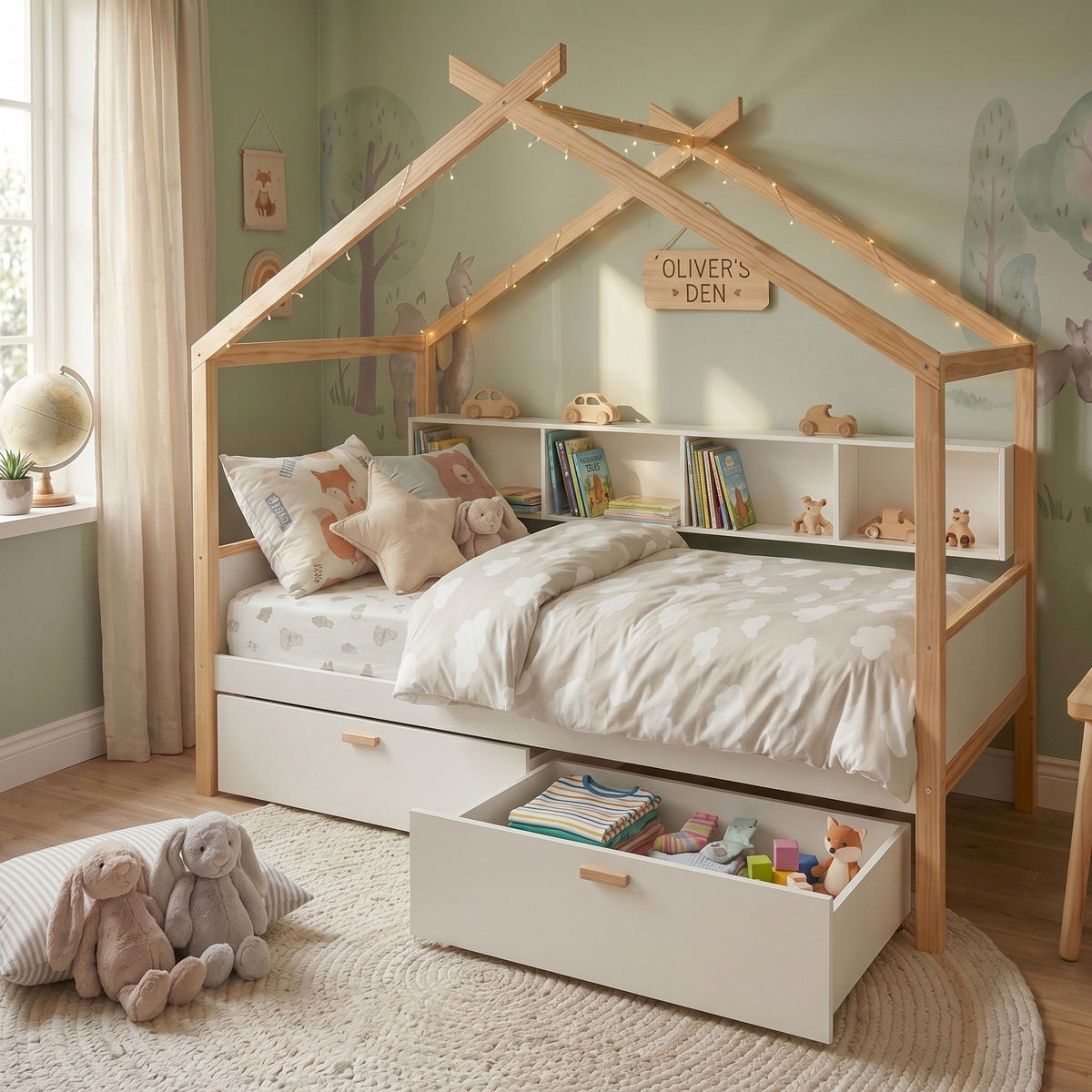 House Bed With Bookshelf Storage natural wood frame, white drawers, string lights on Tampa Home & Garden Store