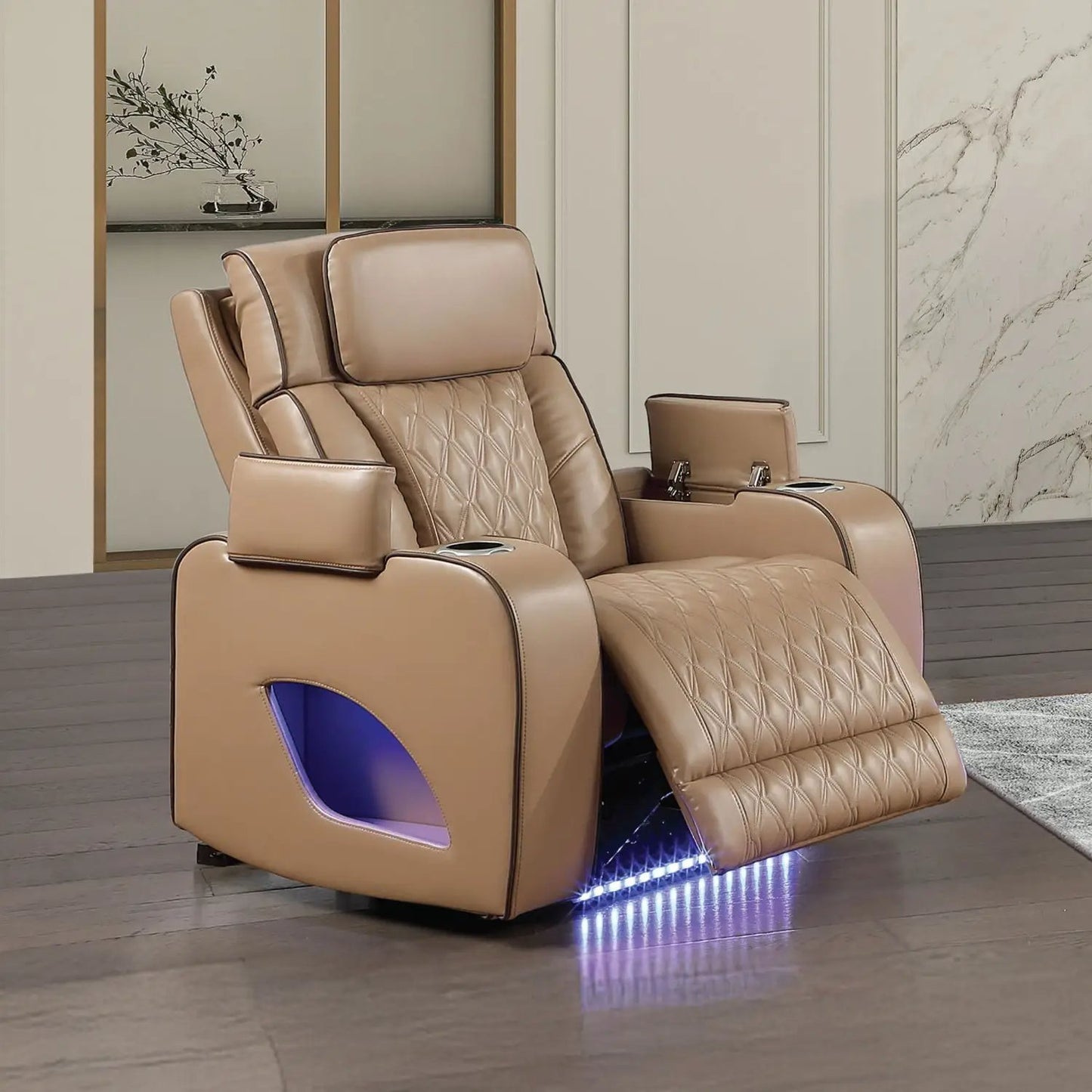 Fortuner reclining chair tan leather with quilted seat and cup holders Unique Piece Furniture on Tampa Home & Garden Store