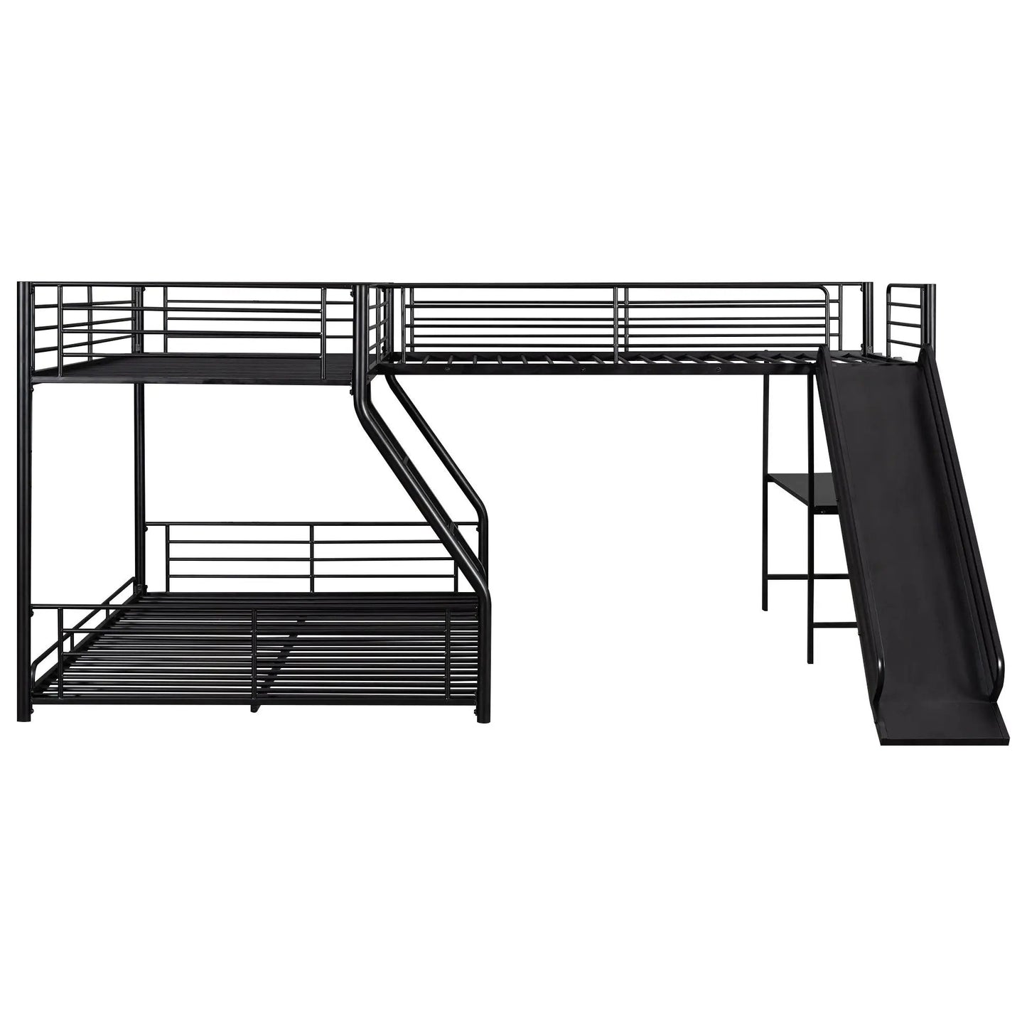 L-Shaped twin over full bunk bed with built-in desk and slide in black metal frame on Tampa Home & Garden Store