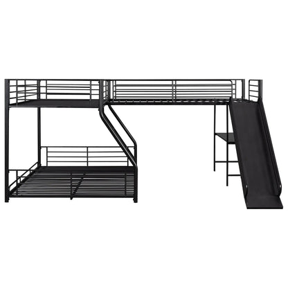 L-Shaped twin over full bunk bed with built-in desk and slide in black metal frame on Tampa Home & Garden Store