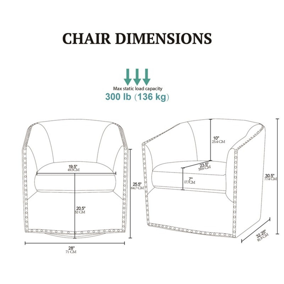 Luxurious pearl silver swivel chair with nailhead trim, pair in dimensioned blueprint on Tampa Home & Garden Store