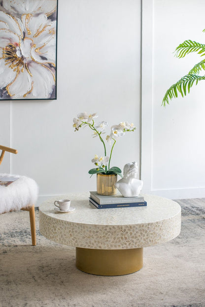 Capiz coffee table with pedestal base; round white capiz top, brass pedestal in living room on Tampa Home & Garden Store