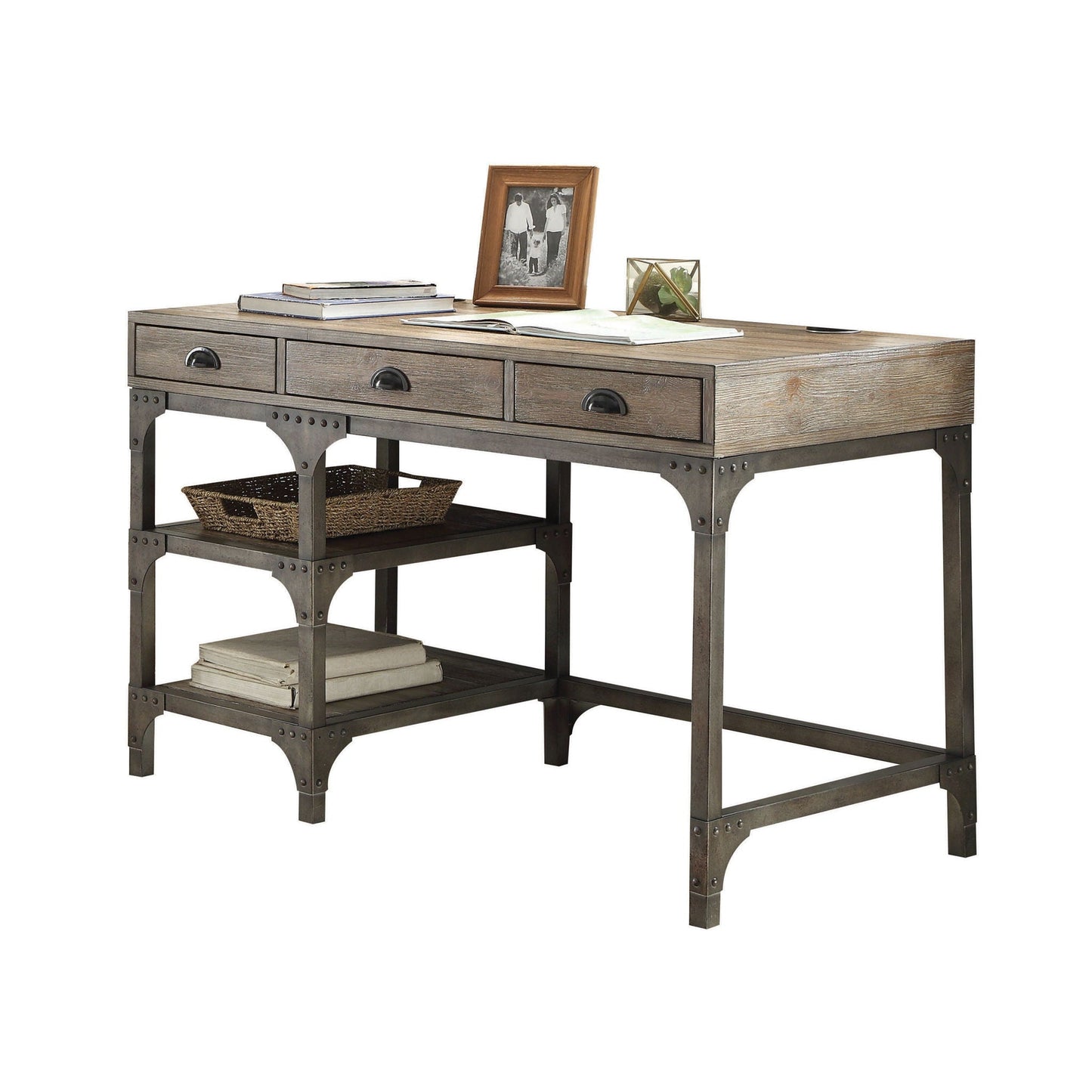 Gorden Weathered Antique Metal Writing Desk Oak with 3 drawers and industrial metal frame on Tampa Home & Garden Store