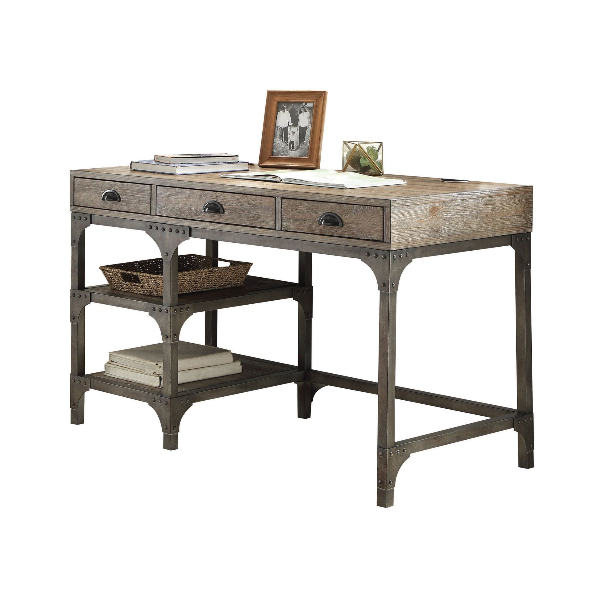 Gorden Weathered Antique Metal Writing Desk Oak with 3 drawers and industrial metal frame on Tampa Home & Garden Store