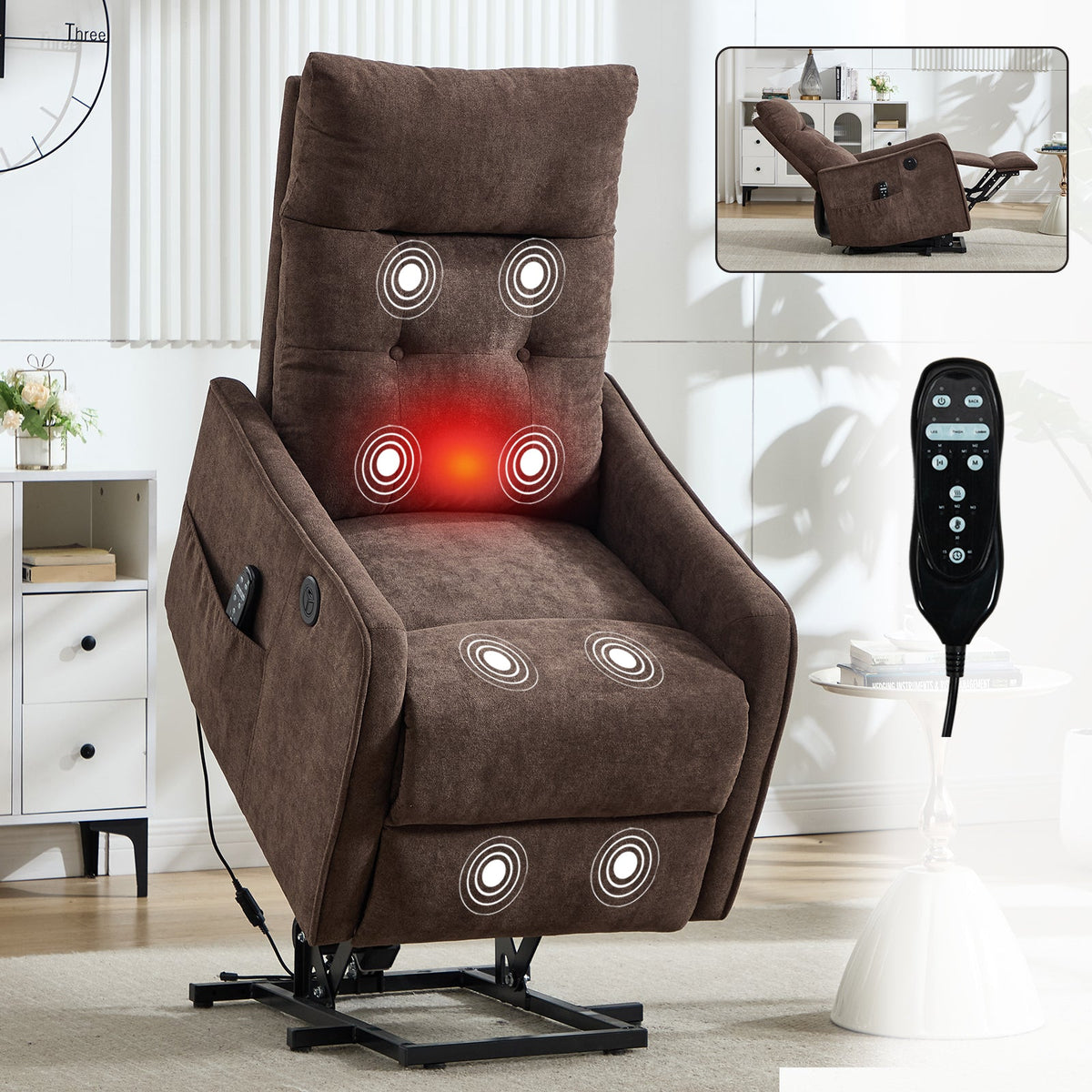Brown chenille single-motor power lift recliner chair by HouseOfZazla with remote on Tampa Home & Garden Store