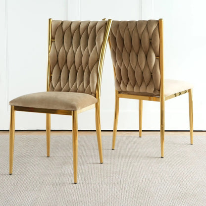 Modern dining chairs by Unique Piece Furniture with tufted beige upholstery and gold frames set of 2 on Tampa Home & Garden Store