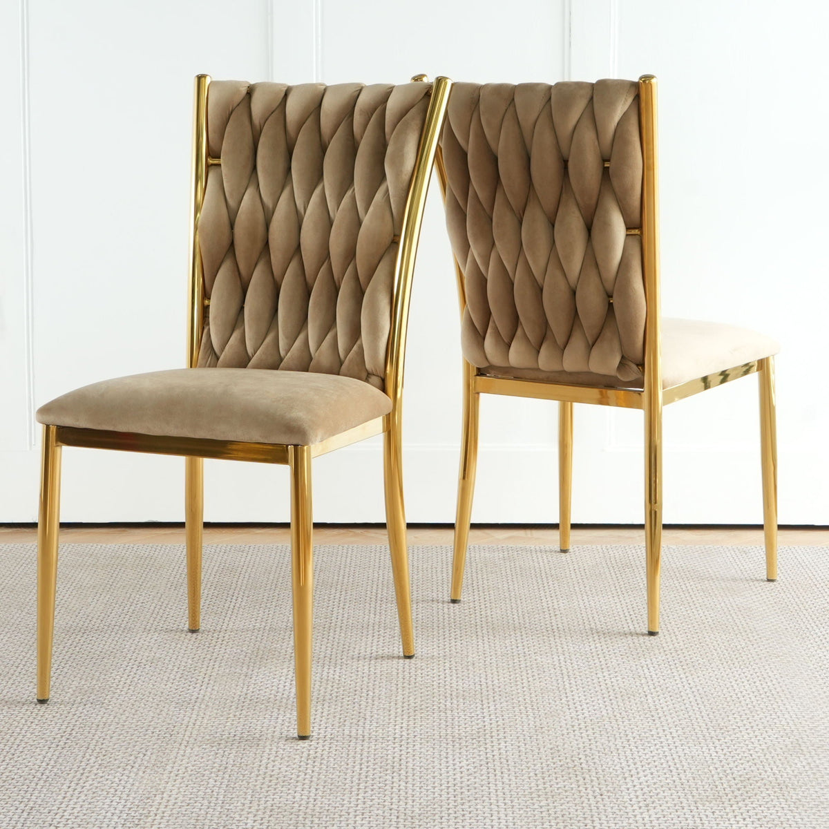 Modern dining chair set with gold-plated metal legs, taupe tufted backs, 2 chairs on Tampa Home & Garden Store