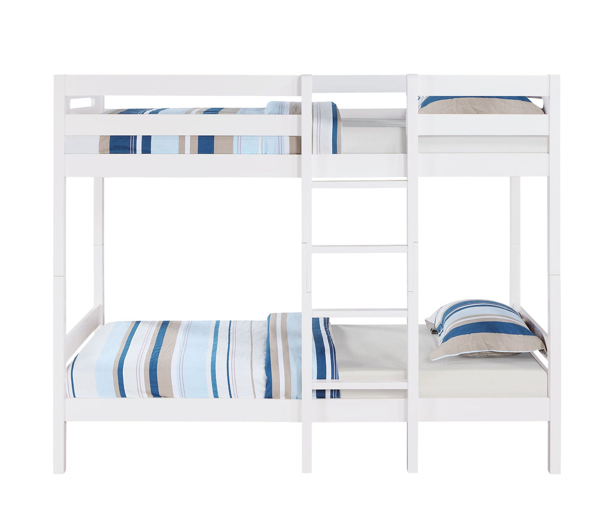 Esin white twin bunk bed in wood with ladder, blue beige striped bedding on both bunks on Tampa Home & Garden Store
