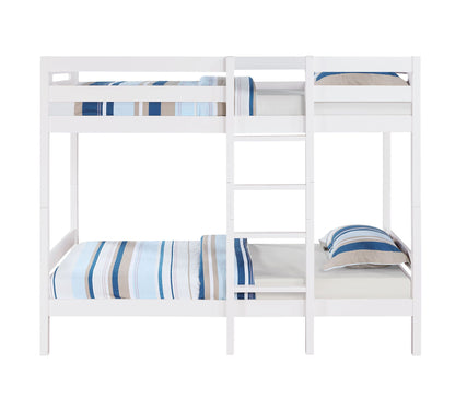 Esin white twin bunk bed in wood with ladder, blue beige striped bedding on both bunks on Tampa Home & Garden Store