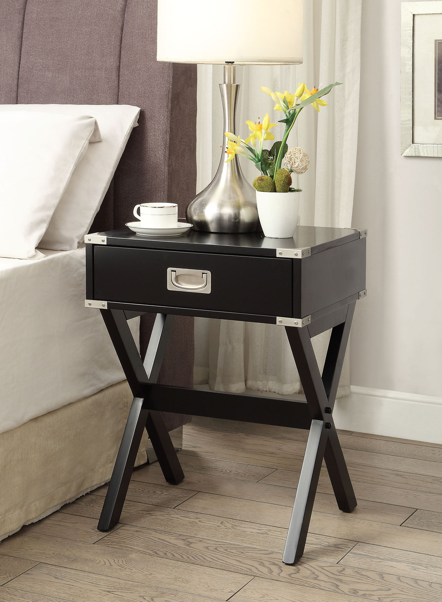 Babs Accent Table by HouseOfZazla, black lacquer with chrome trim and drawer on X-leg base on Tampa Home & Garden Store