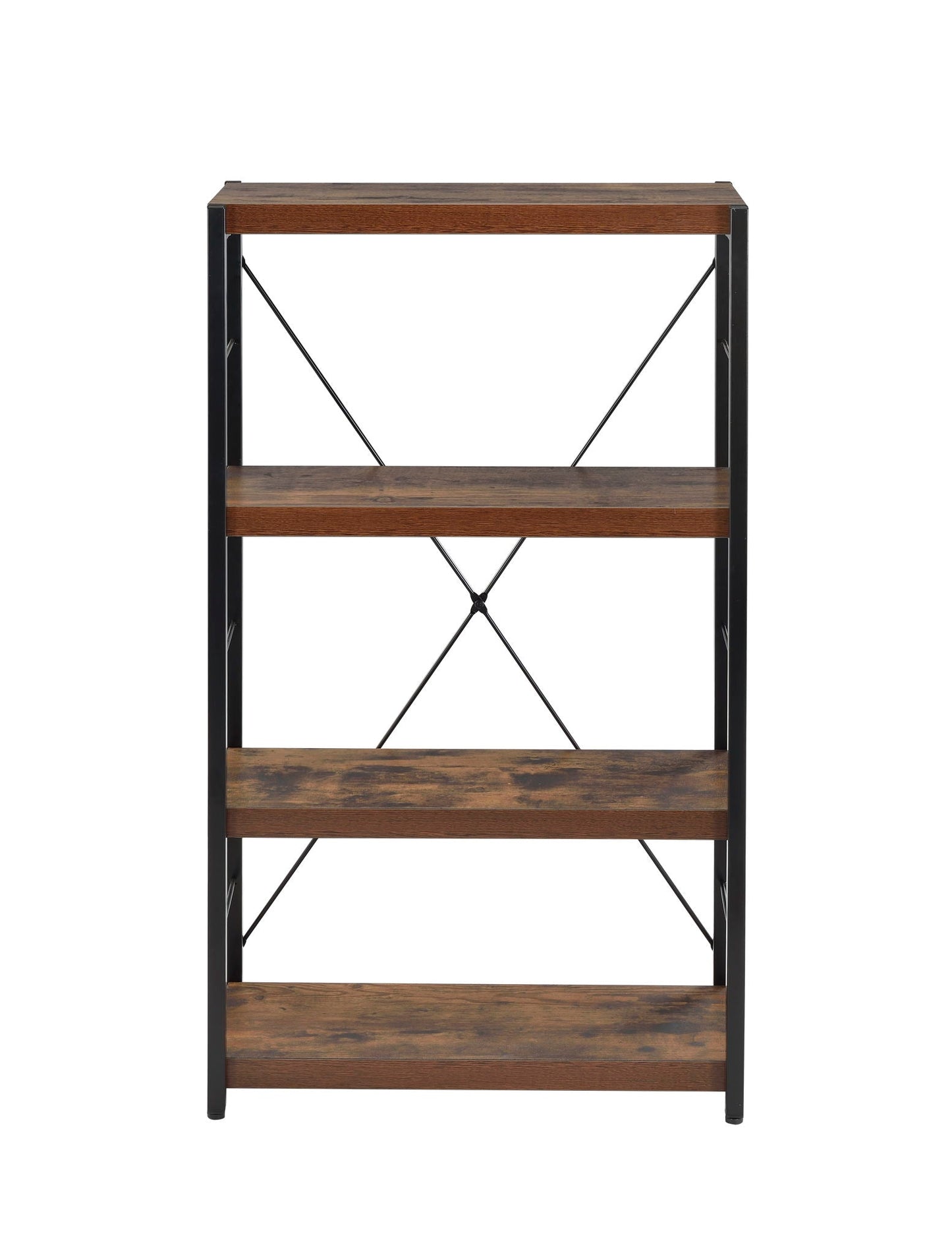 Bob Bookshelf etagere weathered oak and black metal with 3-tier crisscross braces on Tampa Home & Garden Store