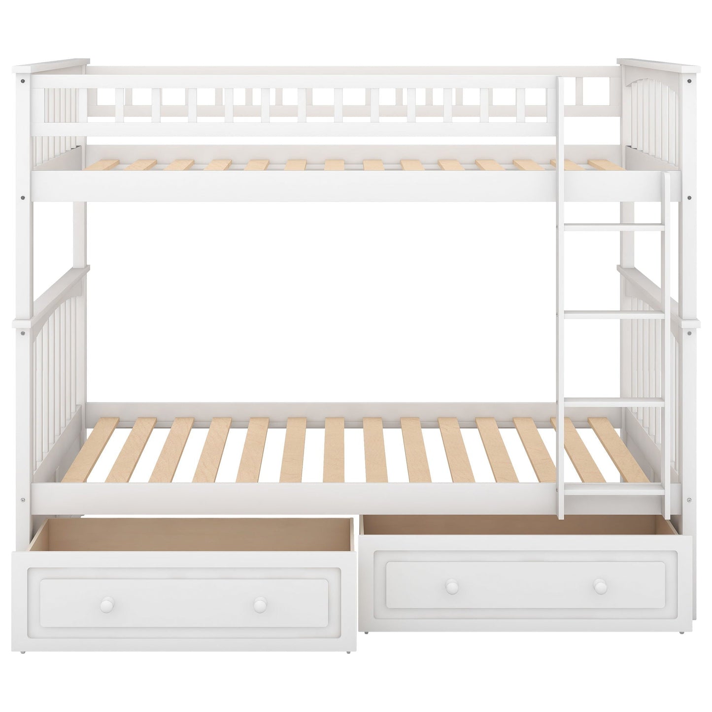Twin over twin bunk bed with drawers, white finish, ladder on right, storage HouseOfZazla on Tampa Home & Garden Store