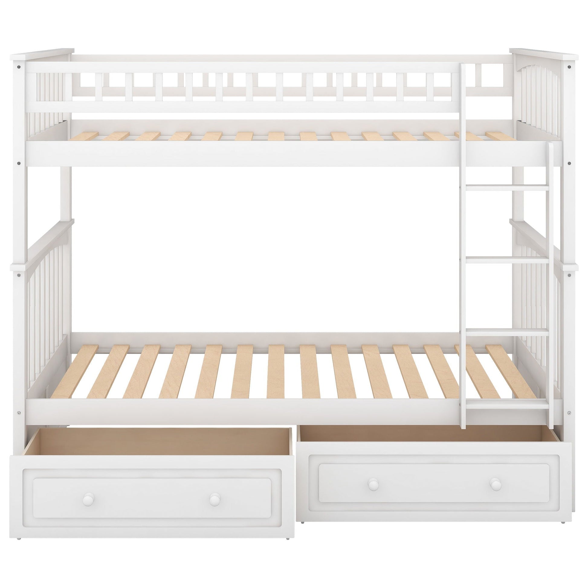 Twin over twin bunk bed with drawers, white finish, ladder on right, storage HouseOfZazla on Tampa Home & Garden Store