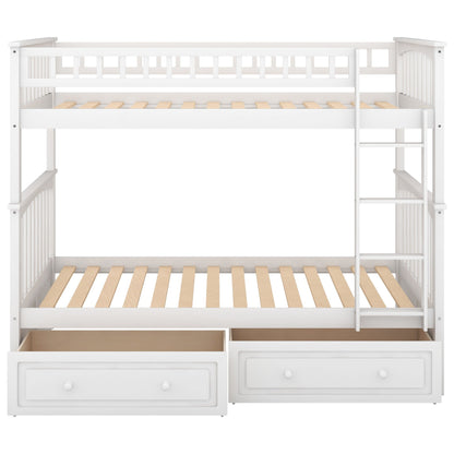 Twin over twin bunk bed with drawers, white finish, ladder on right, storage HouseOfZazla on Tampa Home & Garden Store