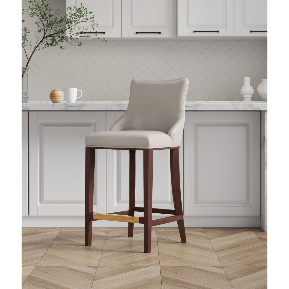 Shubert Barstool by HouseOfZazla, beige upholstery, dark wood legs, bar height 28-30in on Tampa Home & Garden Store