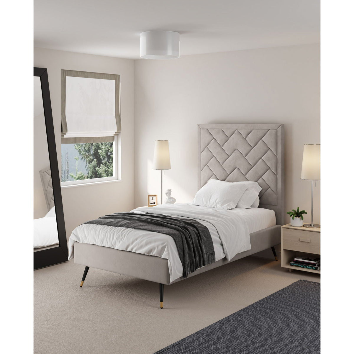 Crosby upholstered bed with light gray quilted headboard and slats, black-tipped legs on Tampa Home & Garden Store